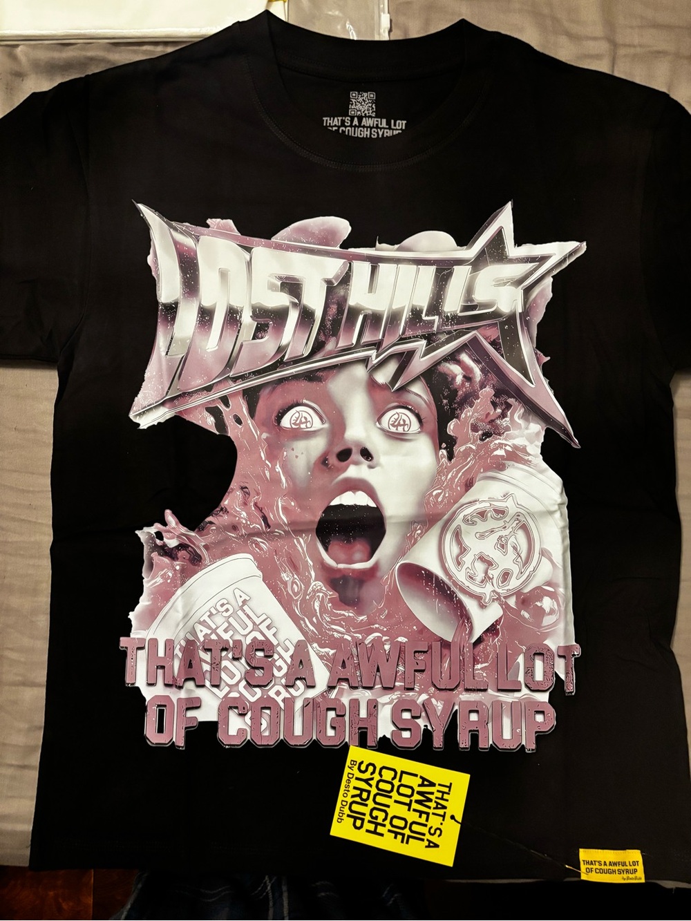 Black Graphic Short-Sleeve Tee with Pink Horror Artwork